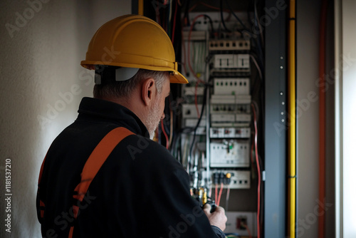 A man in a hard hat works on an electrical panel genertative ai photo