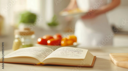 Vintage cookbook displaying handwritten recipes, professional chef cooking in kitchen, culinary preparation with fresh ingredients photo