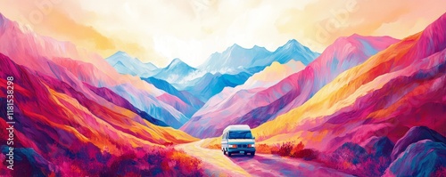 Vibrant Mountain Road Trip Impasto Painting, Van, Colorful Landscape, Adventure Keywords Vanlife, Landscape Painting photo