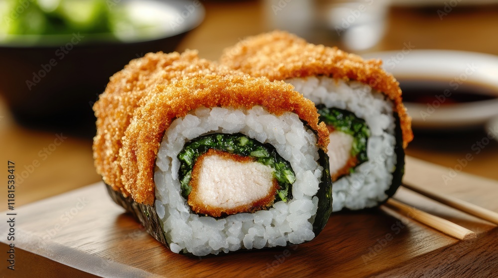 Chicken Katsu sushi roll on wooden board