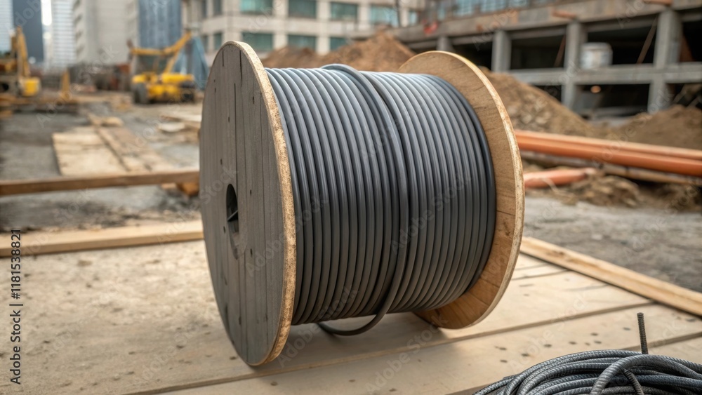 A carefully arranged spool of fiber optic cable its cylindrical form contrasting with the chaotic background of a construction site. The textured surface of the spool helps to A carefully arranged spool of fiber optic cable its cylindrical form contrasting with the chaotic background of a construction site. The textured surface of the spool helps to