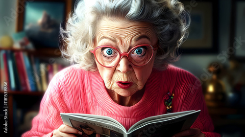 Elderly Woman Reads a Shocking Story in Magazine