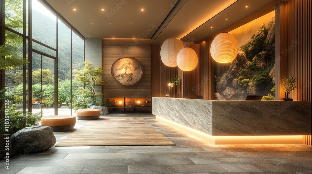 Fototapeta premium Japanese-inspired minimalist front desk, wood and stone materials
