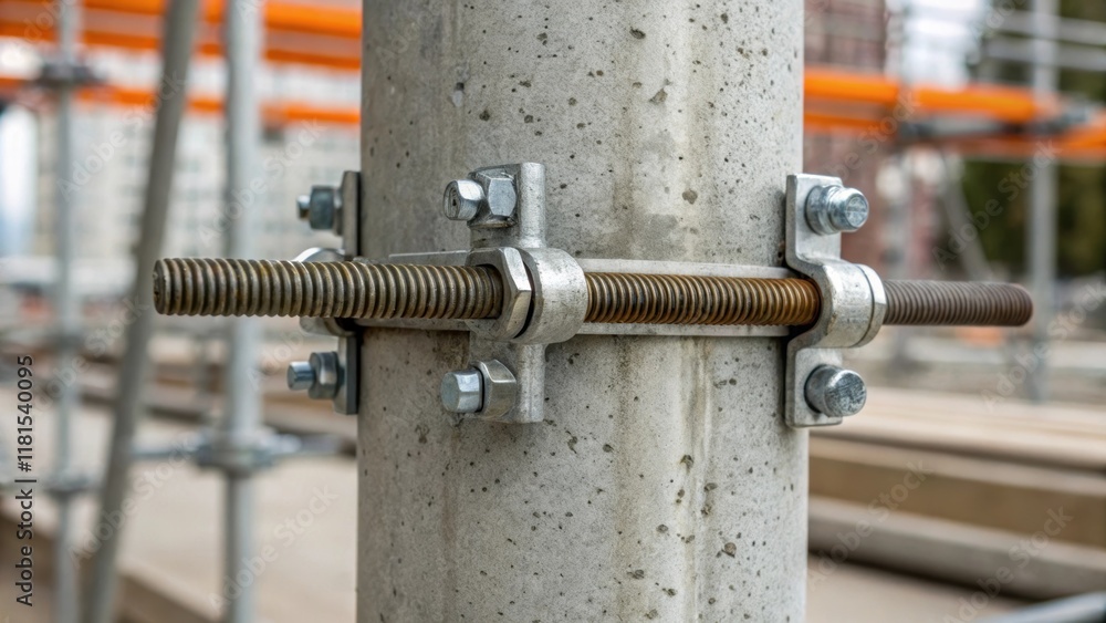 A closeup image capturing the details of the scaffolding clamps gripping a robust concrete column the metallic sheen contrasting with the dullness of the curing concrete. The tight A closeup image capturing the details of the scaffolding clamps gripping a robust concrete column the metallic sheen contrasting with the dullness of the curing concrete. The tight