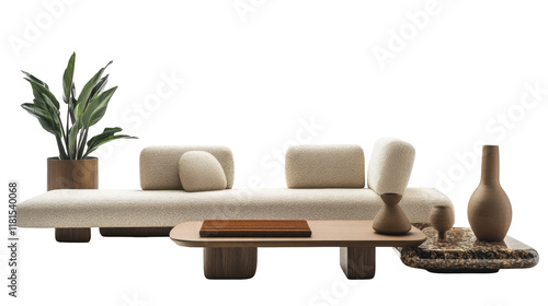 Modern Sectional Sofa with Neutral Upholstery and Wooden Accents in a Minimalist Living Room Setting photo