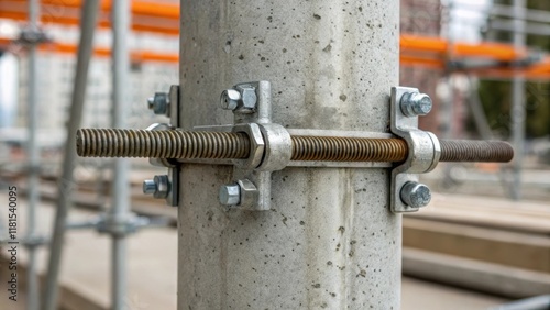 A closeup image capturing the details of the scaffolding clamps gripping a robust concrete column the metallic sheen contrasting with the dullness of the curing concrete. The tight photo