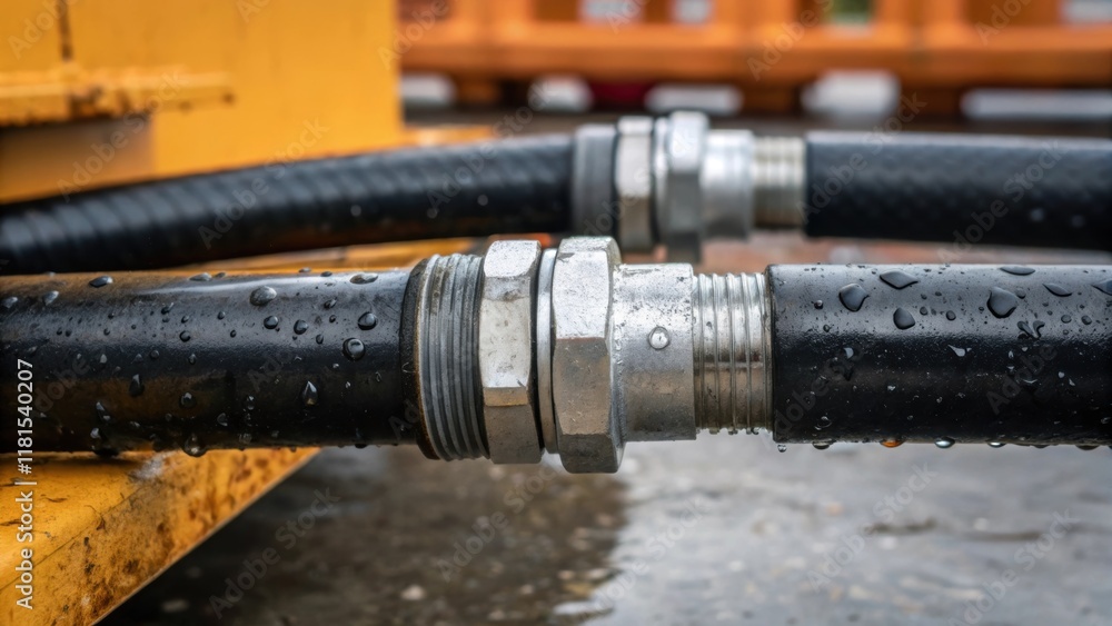 A closeup image displays the connection point of two sections of a concrete pump hose where metal fittings gleam amidst the black rubber. Tiny droplets of water cling to the A closeup image displays the connection point of two sections of a concrete pump hose where metal fittings gleam amidst the black rubber. Tiny droplets of water cling to the