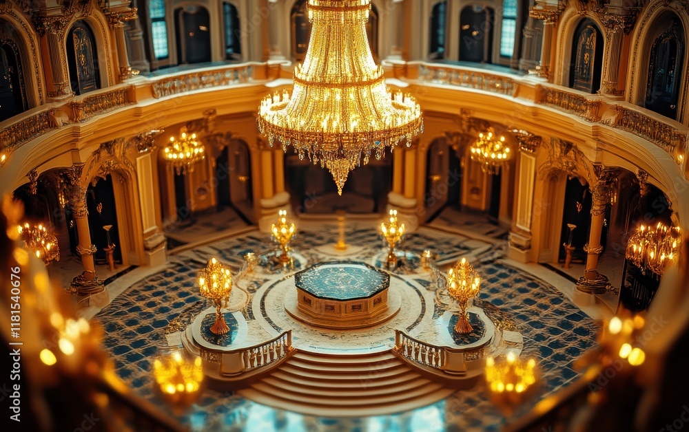 Obraz premium Opulent Grand Hall with Sparkling Chandelier and Gold Details.