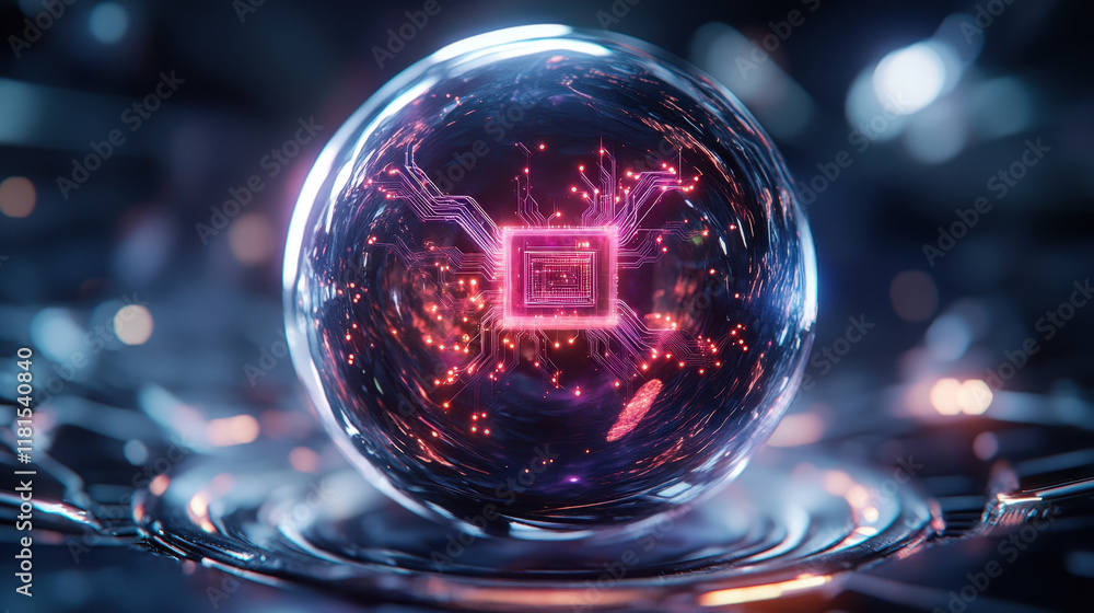 glowing quantum computer chip inside metallic sphere with futuristic design glowing quantum computer chip inside metallic sphere with futuristic design