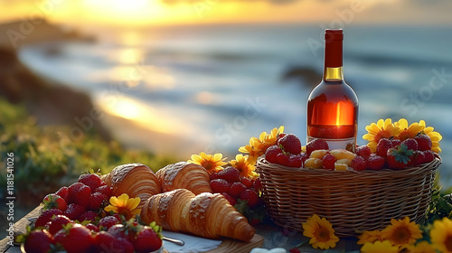Beach Picnic Enjoys Wine, C...