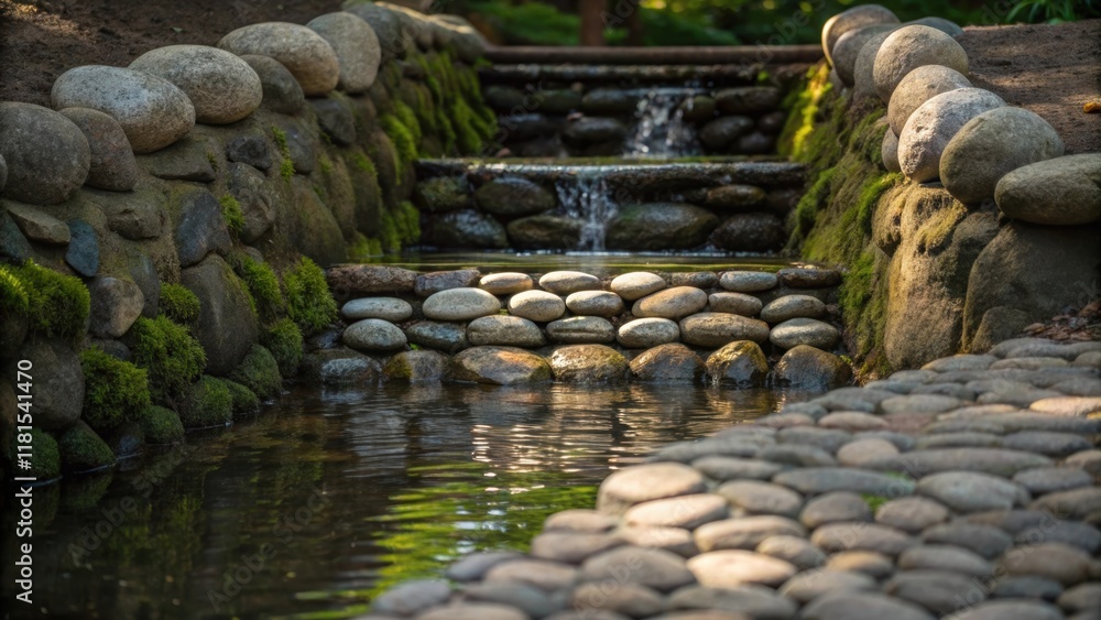 A closeup of a spillway designed into the compacted soil embankment featuring a series of carefully p stones that guide water gently into the pond. The play of light on the wet A closeup of a spillway designed into the compacted soil embankment featuring a series of carefully p stones that guide water gently into the pond. The play of light on the wet