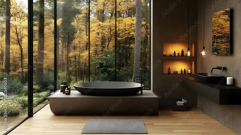 Fototapeta premium Modern Bathroom Design Showcases Forest Views Through Large Windows with Natural Light and Minimalist Decor