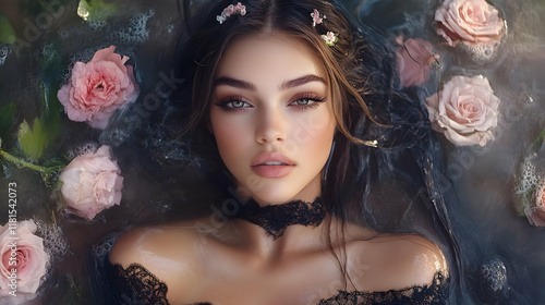 Woman Relaxing in Rose Bath...