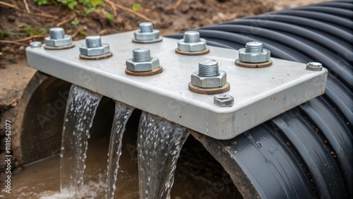 A closeup of the culvert connection points featuring rubber gaskets and stainlesssteel bolts. A stream of water trickles from the ends of the culverts illustrating their purpose in photo