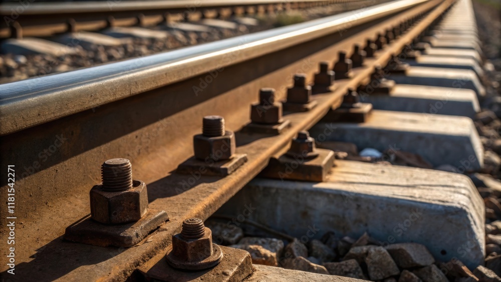 A closeup of the fastening system on a rail sleeper focusing on the large rustresistant bolts connecting the rail to the sleeper. The deep shadows and varied textures create a A closeup of the fastening system on a rail sleeper focusing on the large rustresistant bolts connecting the rail to the sleeper. The deep shadows and varied textures create a