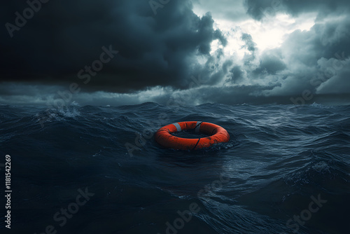 A life ring floating on a stormy sea with dark clouds.