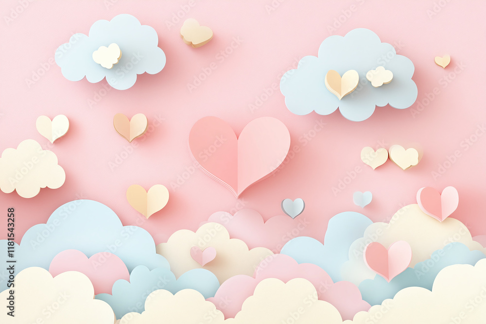 Cute minimalistic love holiday background, composition of paper hearts on a pink background on the theme of Valentine's Day Cute minimalistic love holiday background, composition of paper hearts on a pink background on the theme of Valentine's Day
