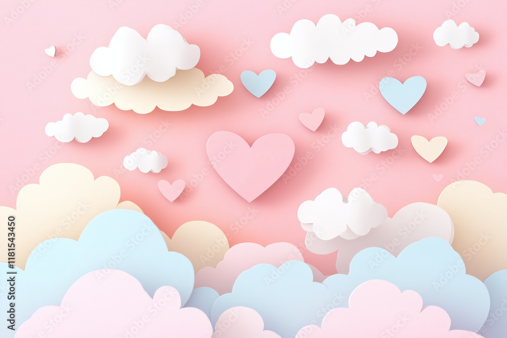 Cute minimalistic love holiday background, composition of paper hearts on a pink background on the theme of Valentine's Day Cute minimalistic love holiday background, composition of paper hearts on a pink background on the theme of Valentine's Day