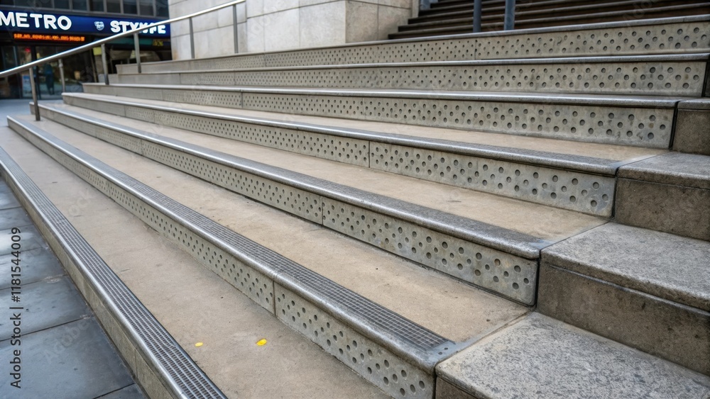 Fototapeta premium A closeup view of the risers and treads of the steps reveals intricate surface details with drainage grooves designed to manage rainwater flow. The robust quality of the precast