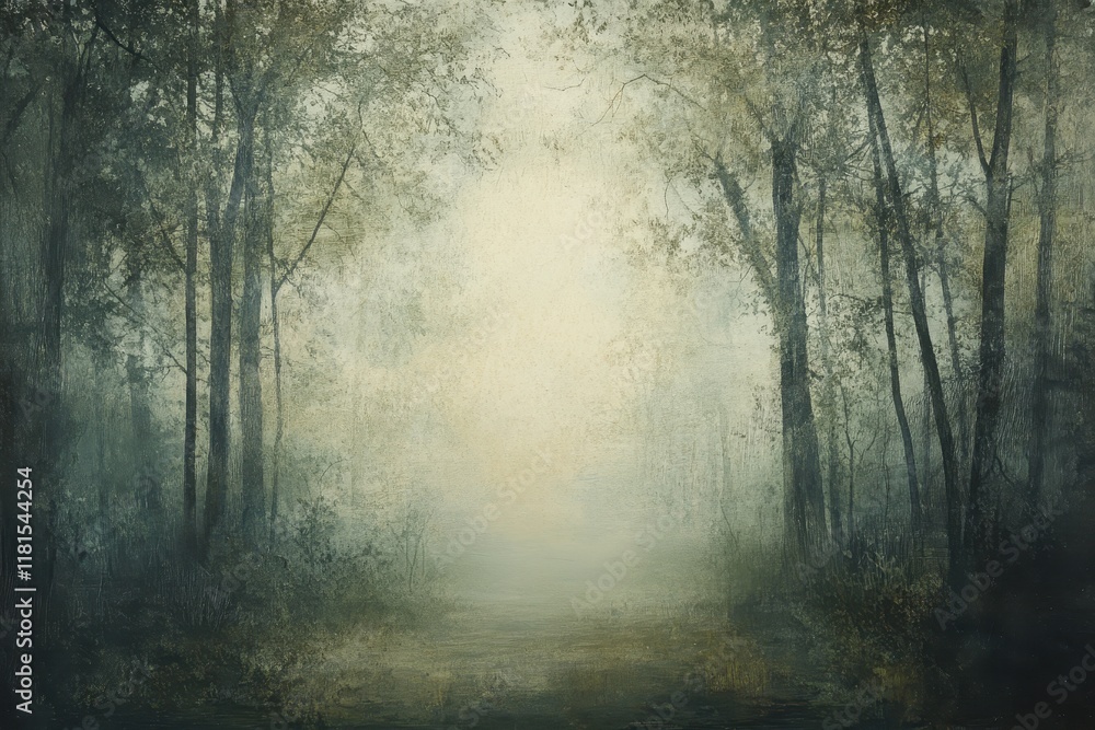 Fototapeta premium Ethereal Forest Path with Misty Light, Moody Fine Art Painting.