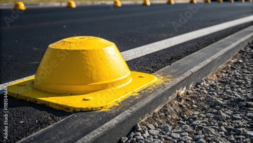 A contrasting closeup of a bright yellow streetlight base set against the deep black of the newly paved road. The paint glistens under the midday sun while small specks of gravel photo