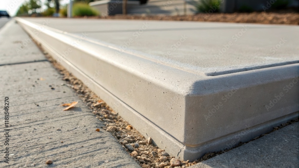 A detailed glimpse of a sidewalk slabs edge where the craftsmanship is evident in the smooth straight profile designed for easy alignment during installation. Dust particles are A detailed glimpse of a sidewalk slabs edge where the craftsmanship is evident in the smooth straight profile designed for easy alignment during installation. Dust particles are