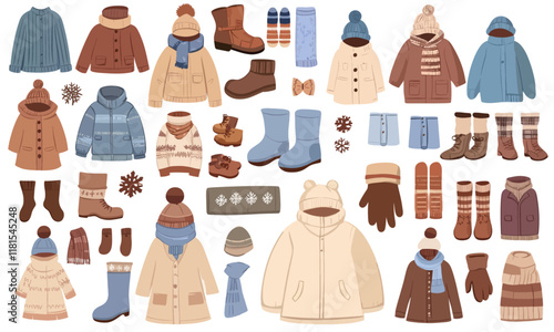 Winter clothes vector set, coat, scarf, gloves, pants, hat, wool clothes. Cartoon style.