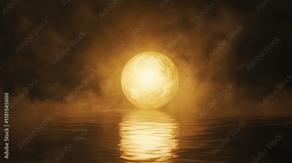 Obraz premium Golden Orb Glowing in Misty Waters, Surreal Scene.