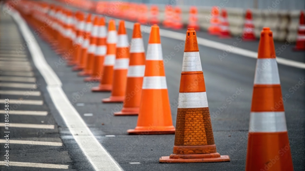 A detailed perspective on a traffic cone ast the thoughtfully arranged lane dividers its bright color stark against the muted tones of the surrounding markers. The image captures A detailed perspective on a traffic cone ast the thoughtfully arranged lane dividers its bright color stark against the muted tones of the surrounding markers. The image captures