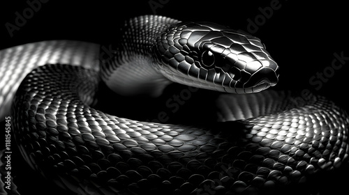 Black Snake Coils Stealthily in Shadows: Reptile Scales and Danger