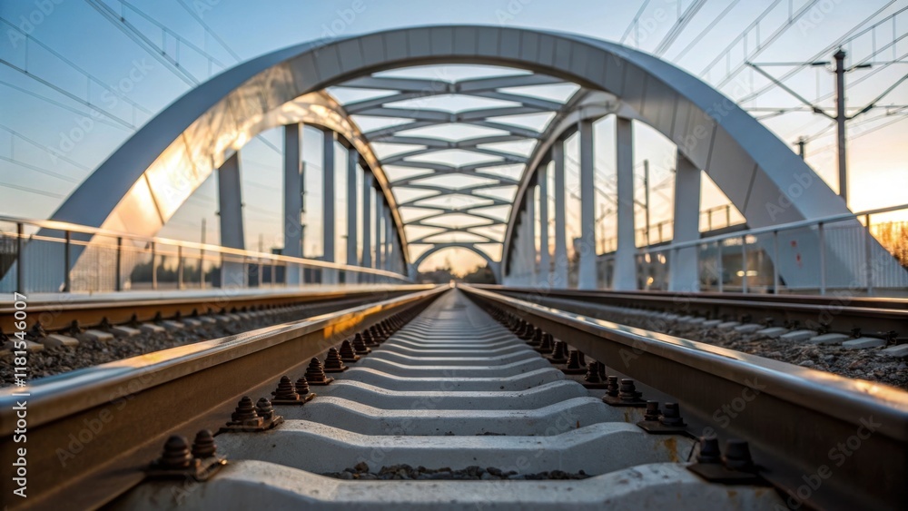 Fototapeta premium A detailed shot capturing the curved truss arching gracefully above the rail tracks its polished surface reflecting the surrounding environment. The interplay of light and shadow
