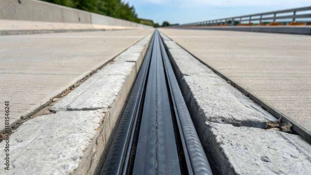 Fototapeta premium A detailed shot of an expansion joint filled with a resilient rubber seal emphasizing the smooth black material contrasting against the rough gray concrete of the bridge deck