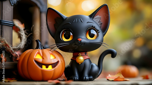 Black Cat Sits by Glowing P...