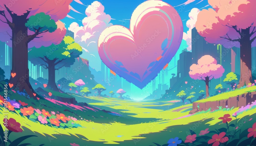 Fototapeta premium a surreal and idyllic fantasy anime videogame style landscape with trees grass and hearts to symbolize love and valentine in a natural environment