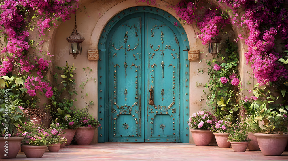 Fototapeta premium Turquoise Door Greets with Pink Bougainvillea and Potted Plants