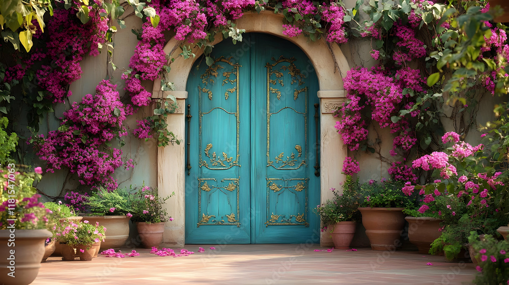 Fototapeta premium Flowers Adorn a Tranquil Entryway with Blooming Bougainvillea and Potted Plants