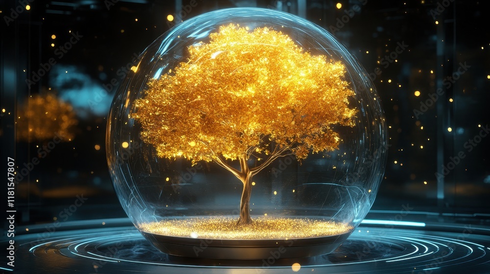Golden Tree Encased in Glass Sphere with Abstract Lighting and Glittering Particles. Golden Tree Encased in Glass Sphere with Abstract Lighting and Glittering Particles.