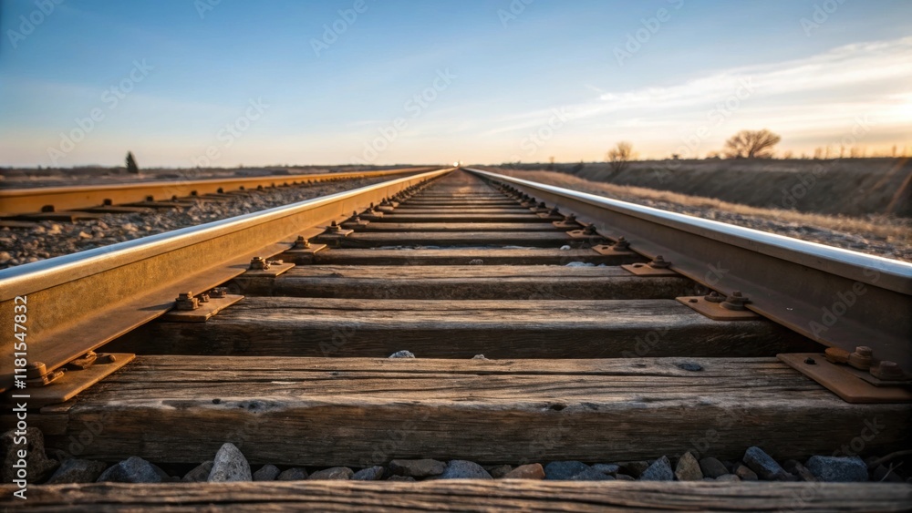 Obraz premium A diagonal view illustrates a series of wooden sleepers lined up perfectly each revealing its unique character through variations in color and texture. Reflective steel rails span