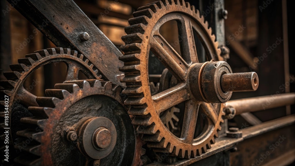A dramatic closeup of a drawbridge mechanism showcases the intricate gears and levers at work. Rusted metal contrasts with shiny new components emphasizing the blend of history and A dramatic closeup of a drawbridge mechanism showcases the intricate gears and levers at work. Rusted metal contrasts with shiny new components emphasizing the blend of history and