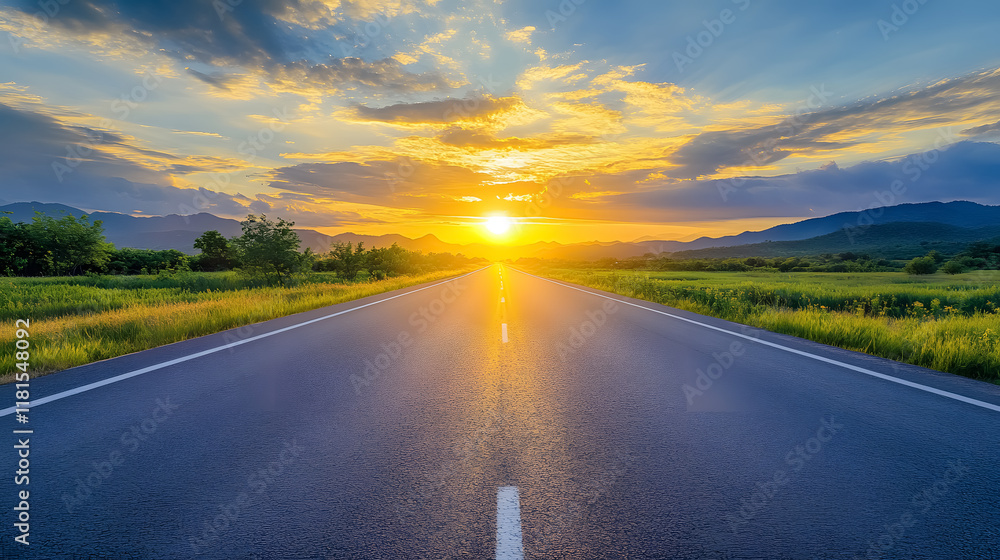 Naklejka premium Beautiful sunrise sky over asphalt highways in a rural setting