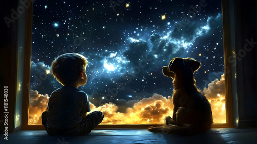 Boy and Dog Watch Night Sky...