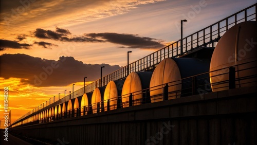 A dramatic shot capturing the interplay of shadows at sunset where the elongated forms of the curing tanks create interesting shapes across the bridge surface. The fading light photo