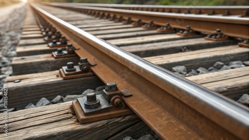 A dynamic angle captures the intricate fastening system holding the rails to the wooden sleepers with metal clips glistening like jewelry against the roughhewn wood. The photo