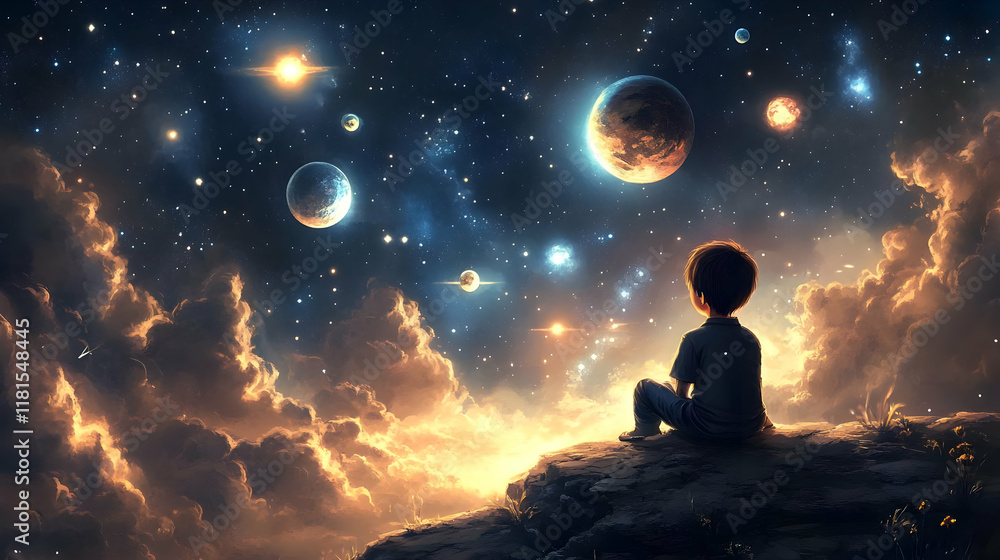Cosmic Dreams: Boy Gazes at Universe, Planets, Stars Wonder Awaits Cosmic Dreams: Boy Gazes at Universe, Planets, Stars Wonder Awaits