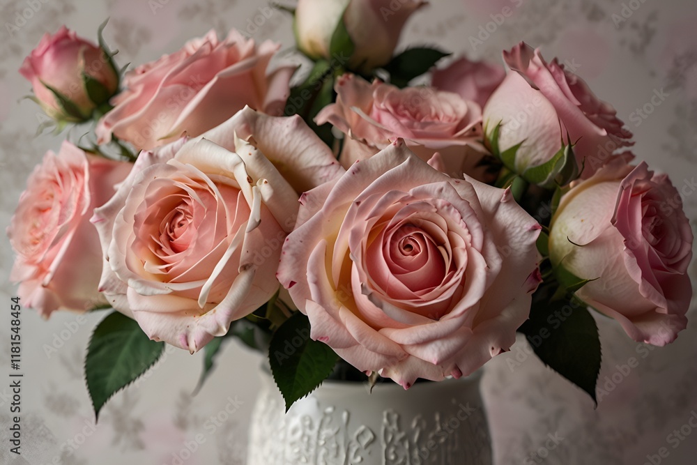 Obraz premium Boquet of pink roses in a white vase.