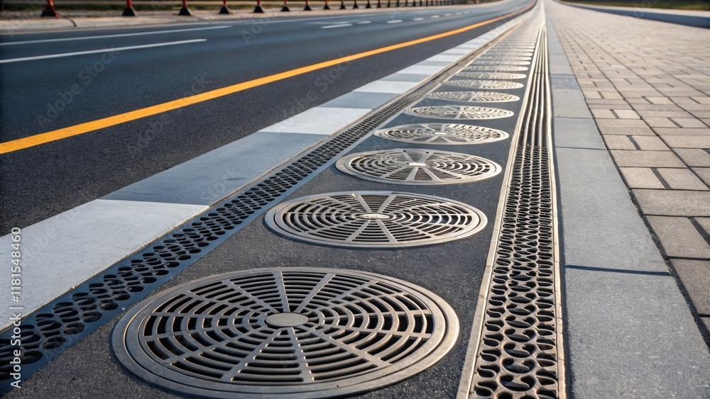 Fototapeta premium A dynamic arrangement of circular and rectangular drainage grates their patterns creating a visual rhythm along a freshly paved roadway. The interplay of light and shadow gives