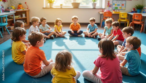 First-grade students engaging in circle time on classroom floor, learning