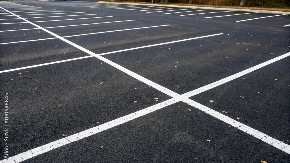 Fototapeta premium A dynamic view capturing freshly marked parking spaces the lines are a bright reflective white on the newly laid asphalt. Each space is evenly measured with invigorating contrasts