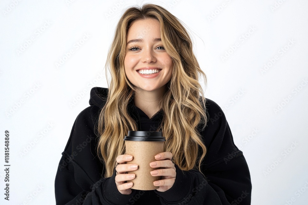 A smiling woman holding a cup of coffee cozy studio setup isolated white background A smiling woman holding a cup of coffee cozy studio setup isolated white background