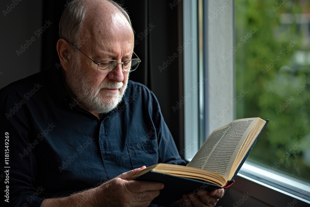 An elderly man reading a book by a window warm studio lighting isolated An elderly man reading a book by a window warm studio lighting isolated